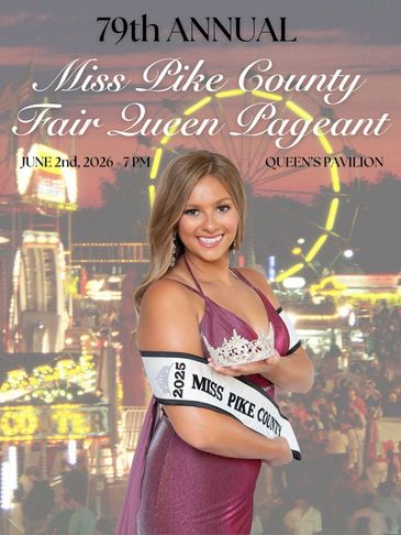 Young woman in purple gown promoting Miss Pike County Fair Queen Pageant 2026.