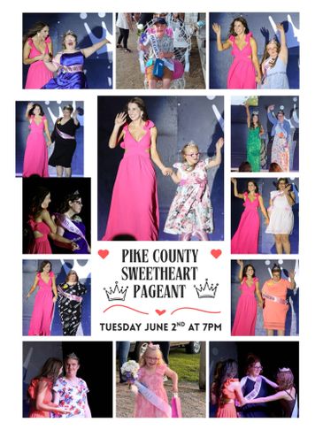 Collage of moments from Pike County Sweetheart Pageant with contestants and audience.
