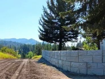 A dirt road beside a stone wall in a forested area.