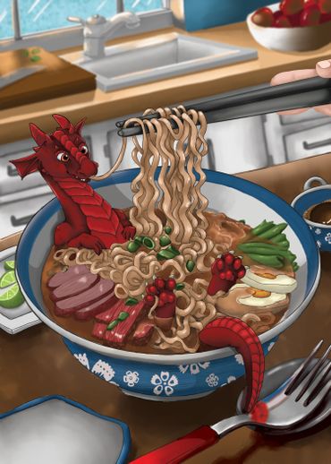 A small red dragon relaxes in a bowl of ramen noodles on a kitchen counter.