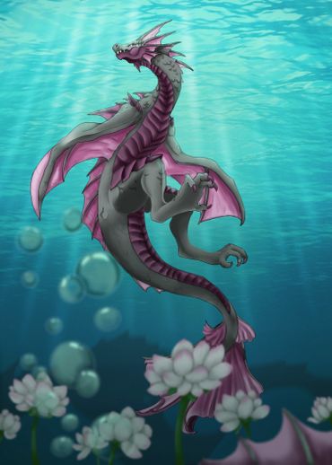 A majestic sea dragon with purple fins swims underwater among flowers.