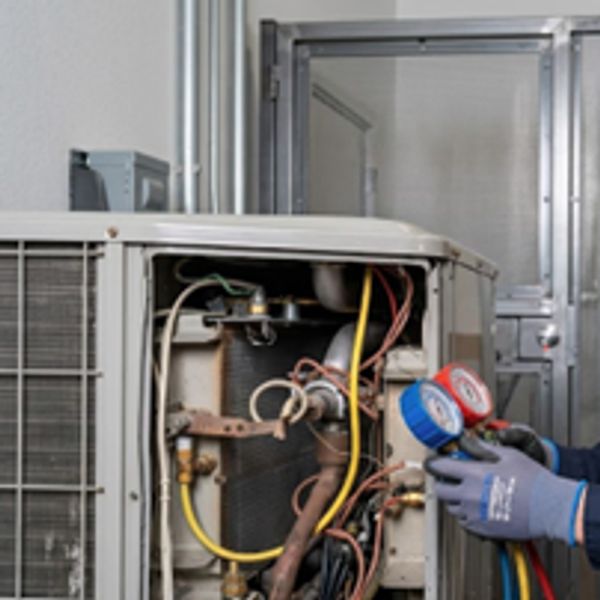 Technicians performing Furnace Repair in Anoka County by servicing an outdoor HVAC unit for fast rel