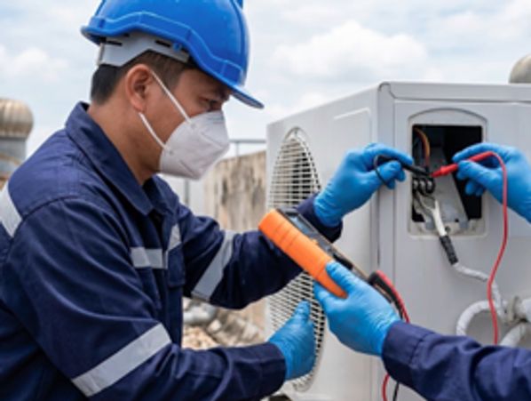 A technician using a multimeter on an outdoor heating unit for Emergency Heating Repair Forest Lake 