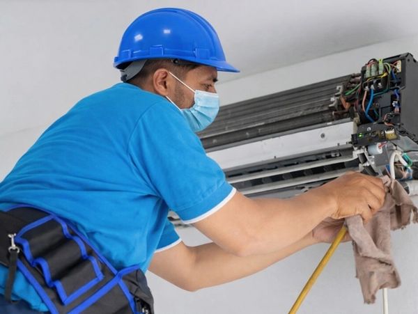 A masked technician in a blue hard hat cleaning an air conditioner unit. Contact AirZ for expert AC 