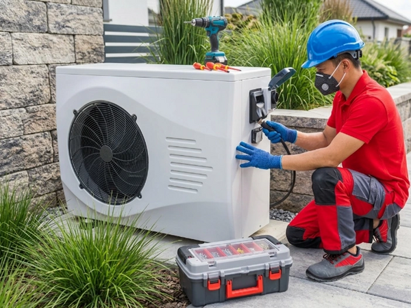 A technician in a red uniform and blue hard hat repairing an outdoor unit for Furnace Repair in Fore