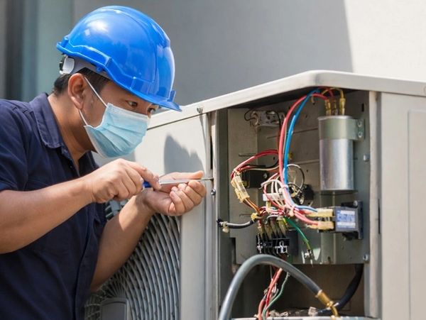 A technician in a blue hard hat and mask repairing an outdoor unit for Residential HVAC Repair Woodb