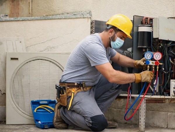 A technician in a yellow hard hat and mask checking pressure gauges on an outdoor unit for AC Repair