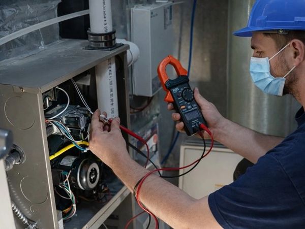 A masked technician using a multimeter to fix a furnace system. Expert Furnace Repair in Woodbury fo