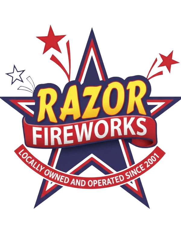 Razor Fireworks logo with stars and a red ribbon stating local ownership since 2001.