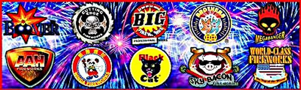 Colorful fireworks logos displayed against a vibrant firework background.