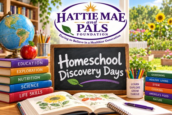 Chalkboard with Homeschool Discovery Days surrounded by educational items.