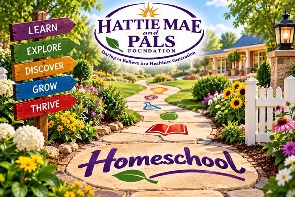 Colorful homeschool pathway with signs to learn and grow.