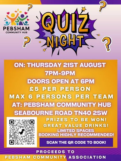 A poster giving information about the quiz night at Pebsham Community Hub on 21st August