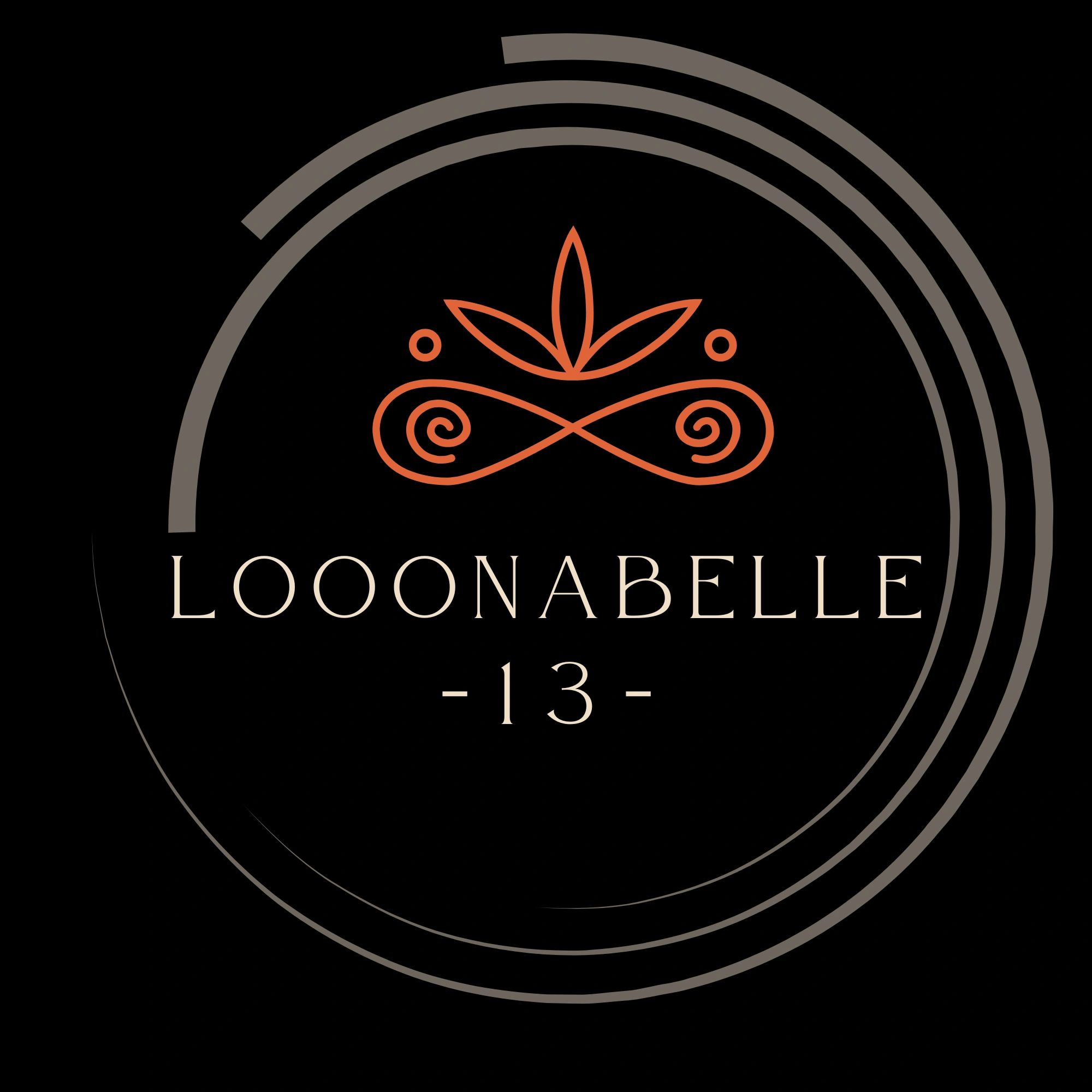 Elegant logo with swirl and leaf design labeled "LOOONABELLE-13-".
