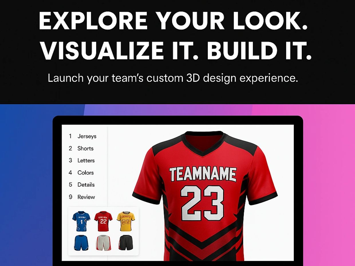 Custom 3D team jersey design interface with options for jerseys, shorts, colors, and details.