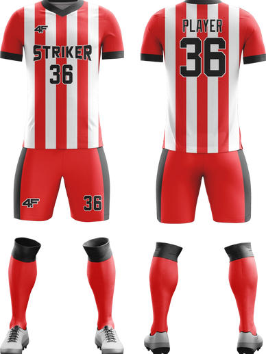 Custom 'Striker' Soccer Jersey & Shorts – Red & White Striped Design | 4Front Athletics