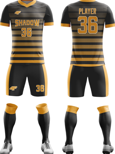 Custom 'Shadow' Soccer Jersey & Shorts – Black with Yellow Faded Stripes | 4Front Athletics