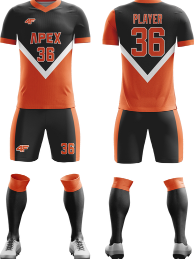 Custom 'Apex' Soccer Jersey & Shorts – Black with Orange & White | 4Front Athletics