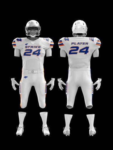 Custom 'Strike' Football Uniform – White Jersey with Blue & Orange Accents | 4Front Athletics