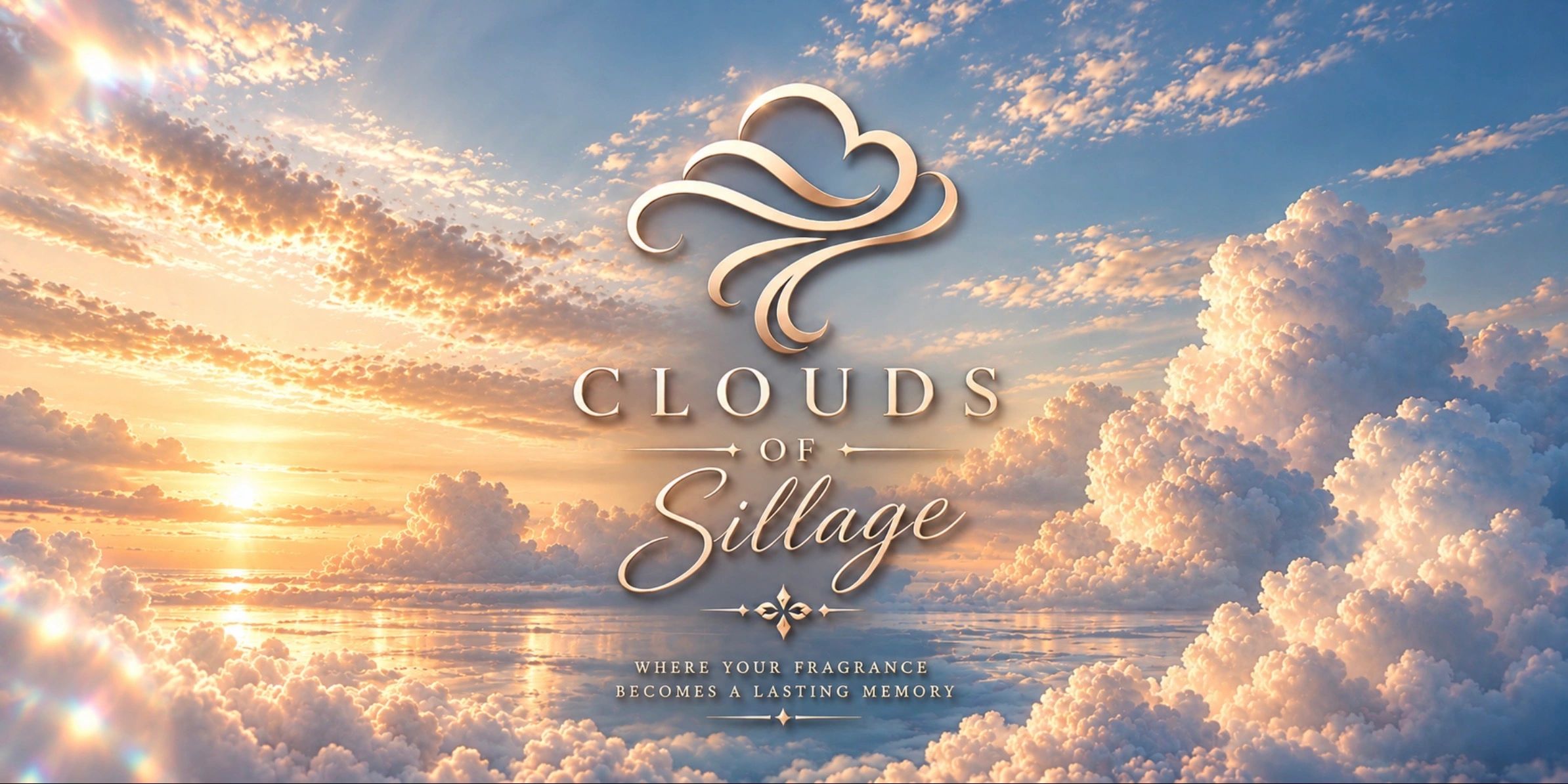 Scenic sky with clouds and sun, text logo for Clouds of Sillage.