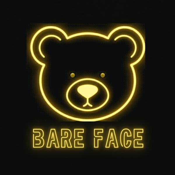 Glowing neon bear face with 'BARE FACE' text below.