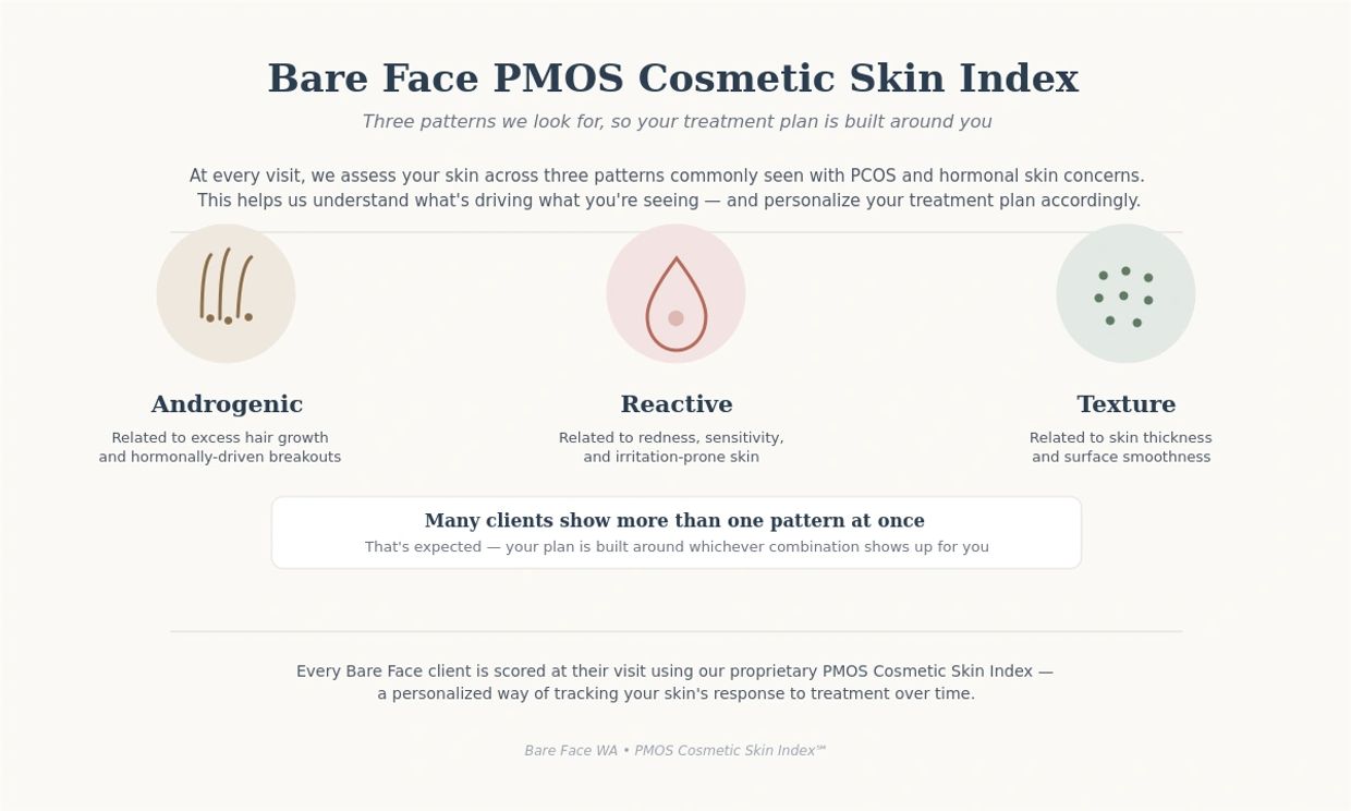 Explanation of Bare Face PMOS Cosmetic Skin Index with three skin patterns.