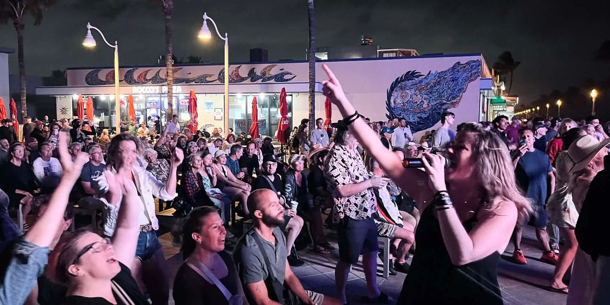 Crowd cheering and a woman singing at a night event.