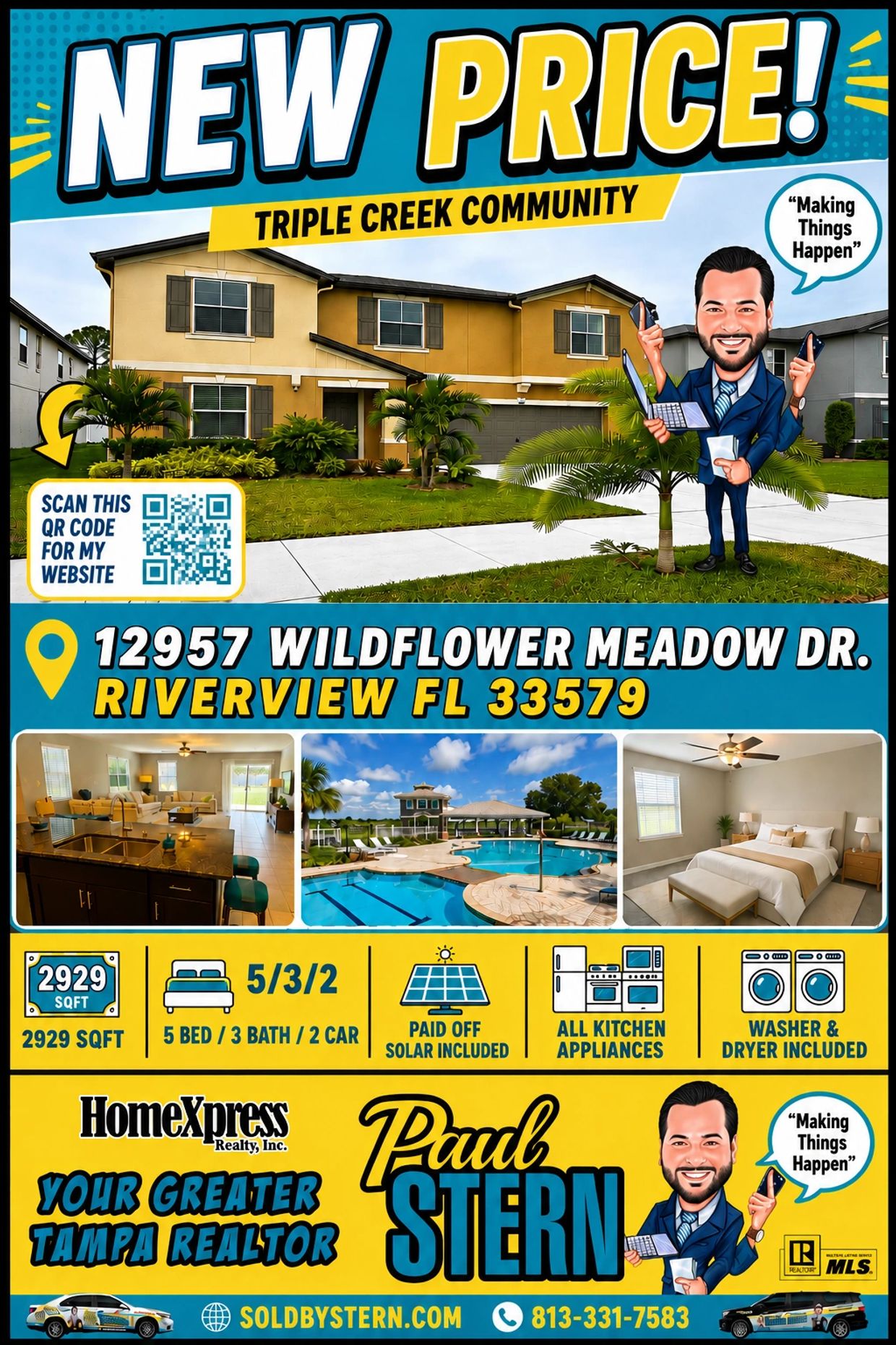 Real estate ad for a 5-bedroom home in Riverview, FL with new price and solar included.