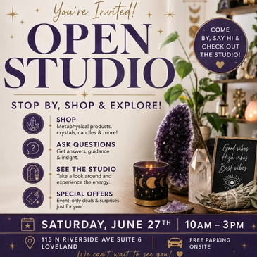Invitation to an open studio event with shopping, questions, and special offers on June 27th.