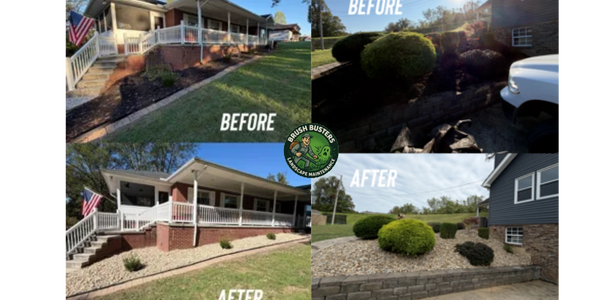 Before and after landscape maintenance showing clean, organized garden beds and trimmed bushes.