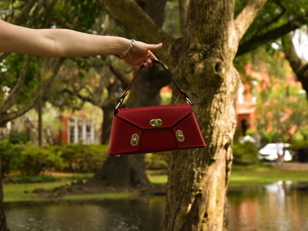 A hand holds a stylish red handbag outdoors near a tree and pond.