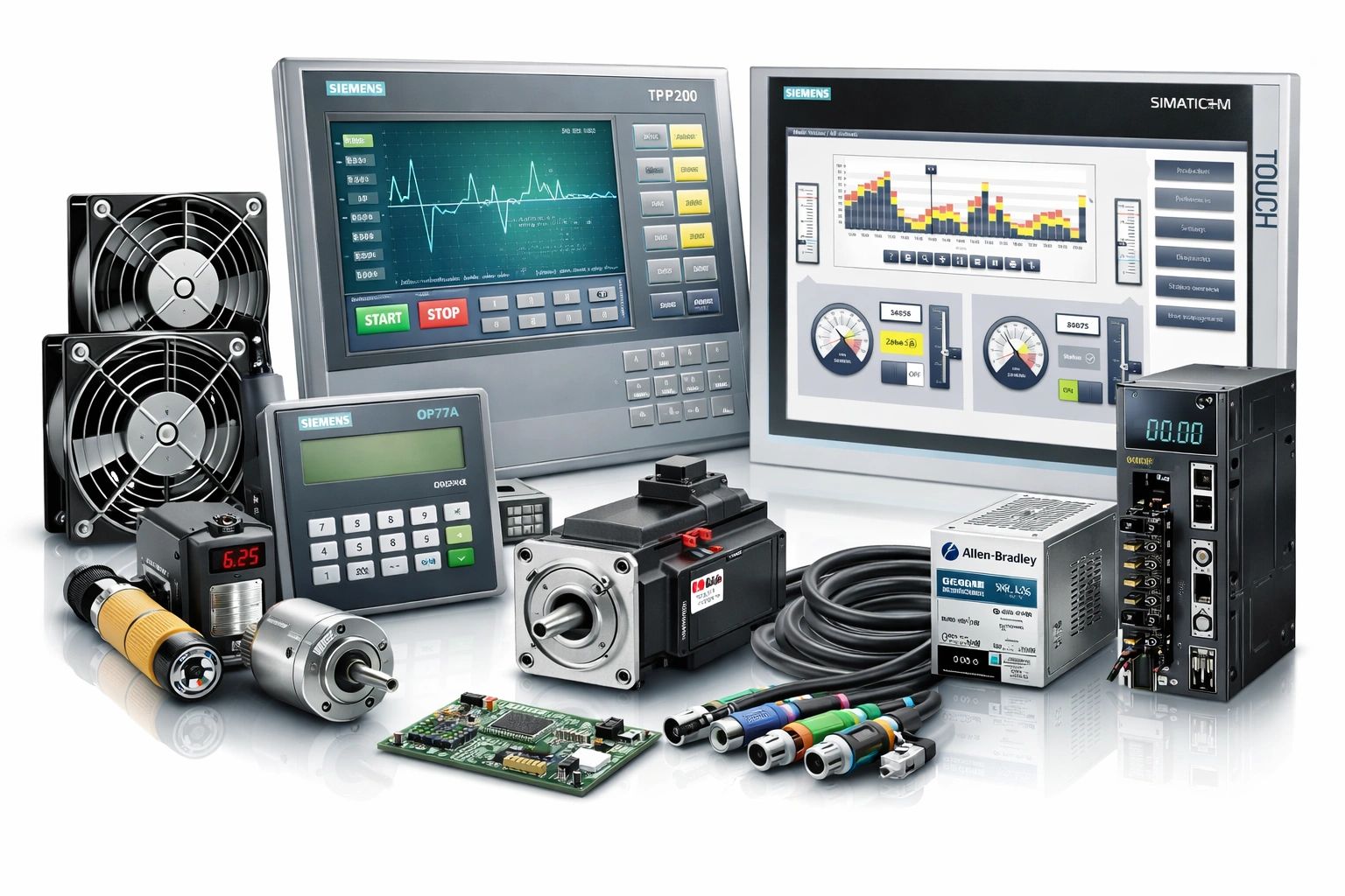 Industrial automation components including Siemens displays, Allen-Bradley power supply, motor, and control devices.