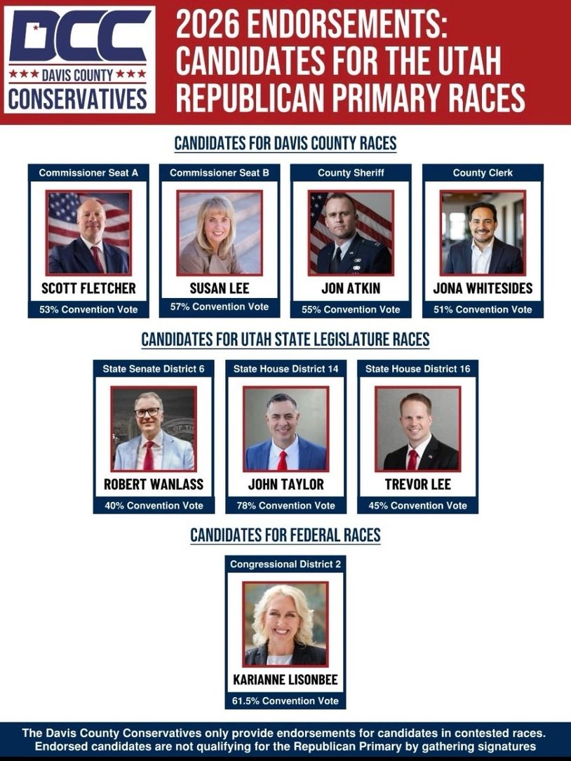 2026 Utah Republican primary endorsements by Davis County Conservatives for county, state, and federal races.