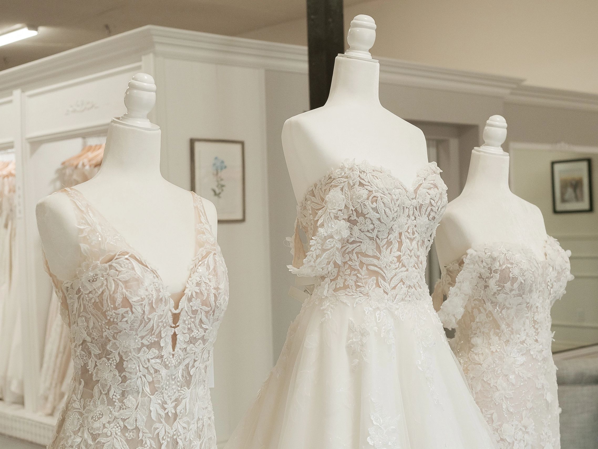 Bridal gowns on display in Elizabeth's Bridal showroom 