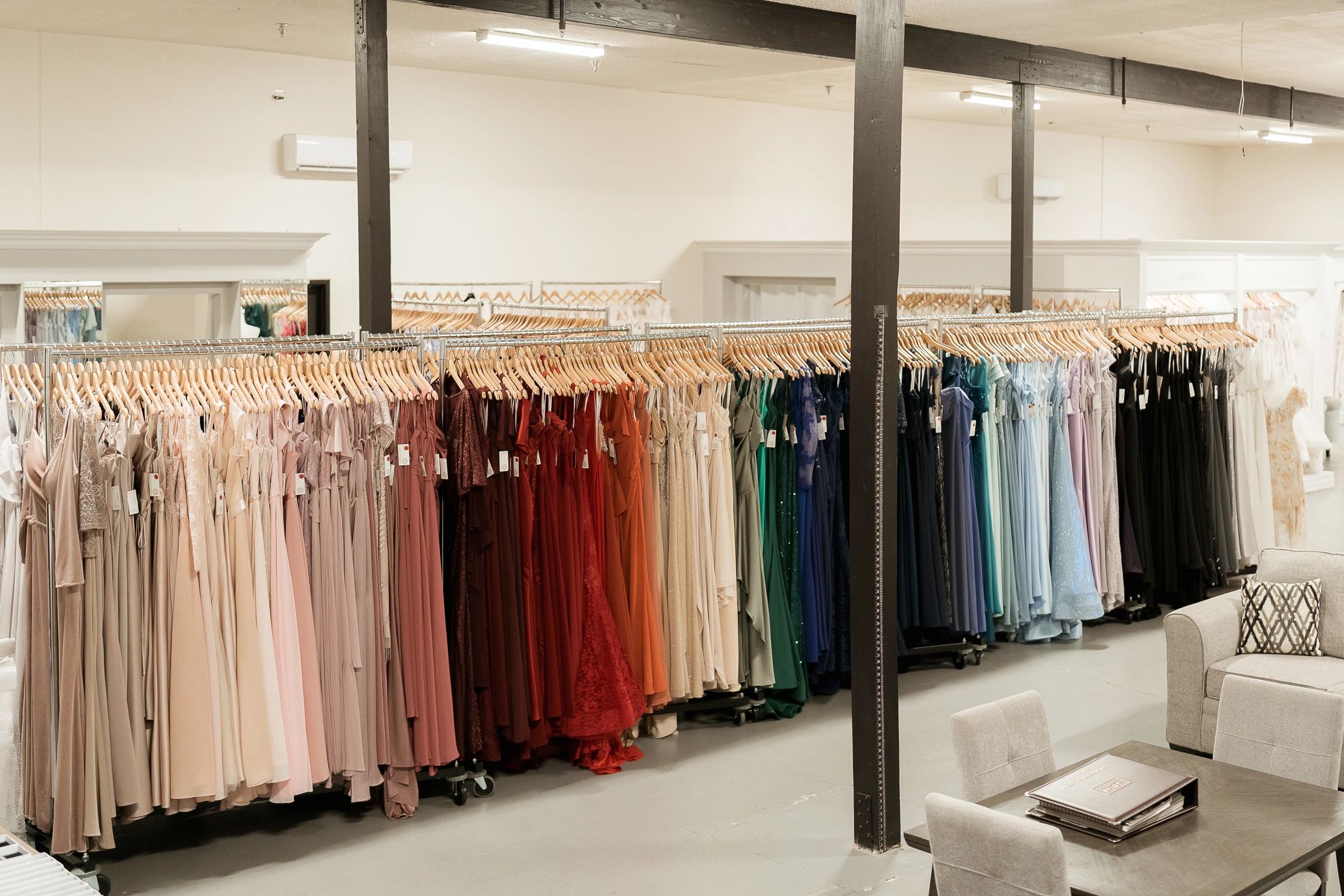 Hundreds of bridesmaid dresses on display in Elizabeth's Bridal showroom. Bridesmaids collection.