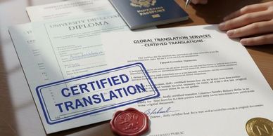 Person signing a certified translation document beside a diploma and passport.