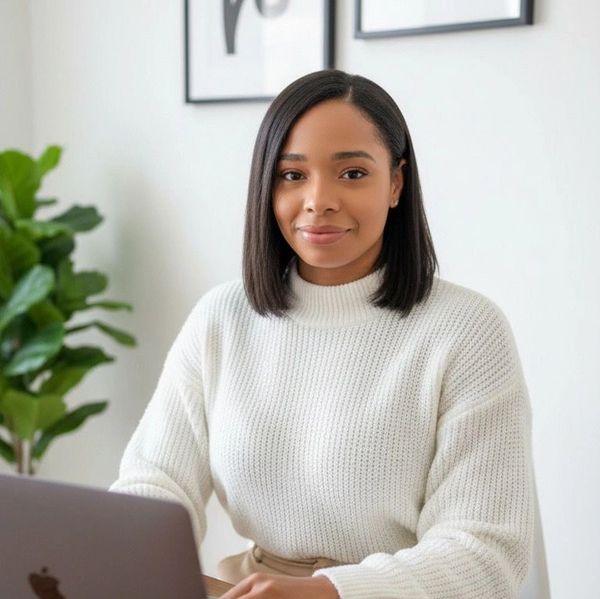 Young woman in white sweater working on a laptop indoors.
