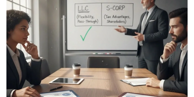 Business professionals discuss LLC and S-Corp structures in a meeting room.