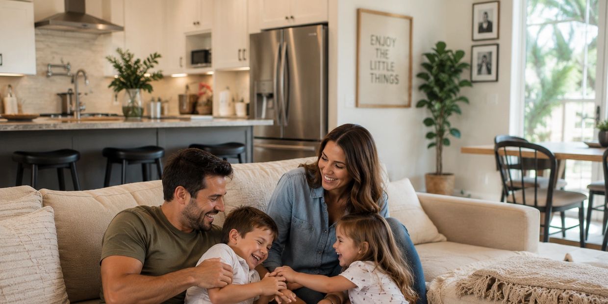 Happy family enjoying playful moments together on a cozy living room couch.