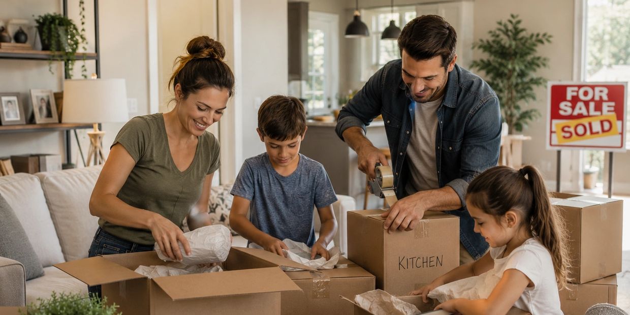 Family happily packing boxes in their new home with a sold sign outside.