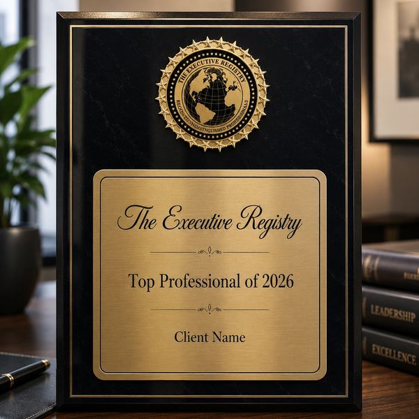 Plaque honoring the Top Professional of 2026 from The Executive Registry.