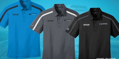 Three polo shirts in blue, gray, and black with Thermo King East Texas and Convoy logos.