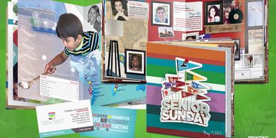 A colorful senior Sunday booklet with photos and event details on a green background.