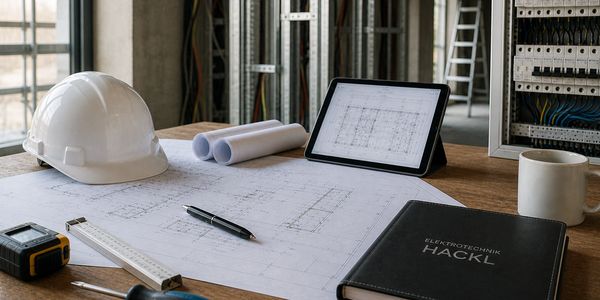 Construction plans and tools on a wooden desk in an industrial setting.