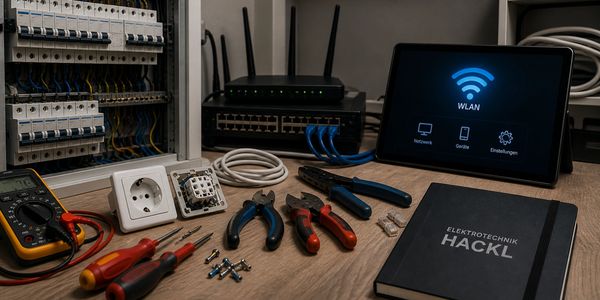 Electrical tools and equipment organized on a workbench with a digital screen showing WLAN settings.