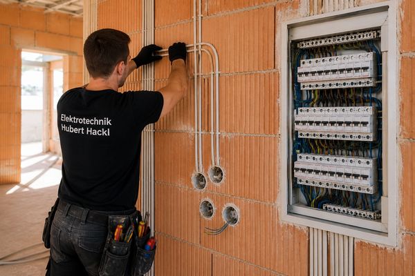 Electrician installing wiring in a brick wall at a construction site.