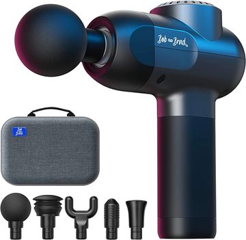 Massage gun with multiple attachment heads and carrying case.