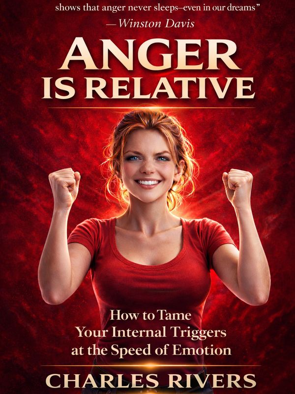 Anger Is Relative: A breakthrough self-help book symbolized by a woman smiling with victorious, raised fists.