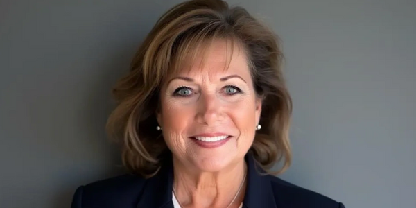 Professional woman in navy blazer with a warm smile against a plain gray background.