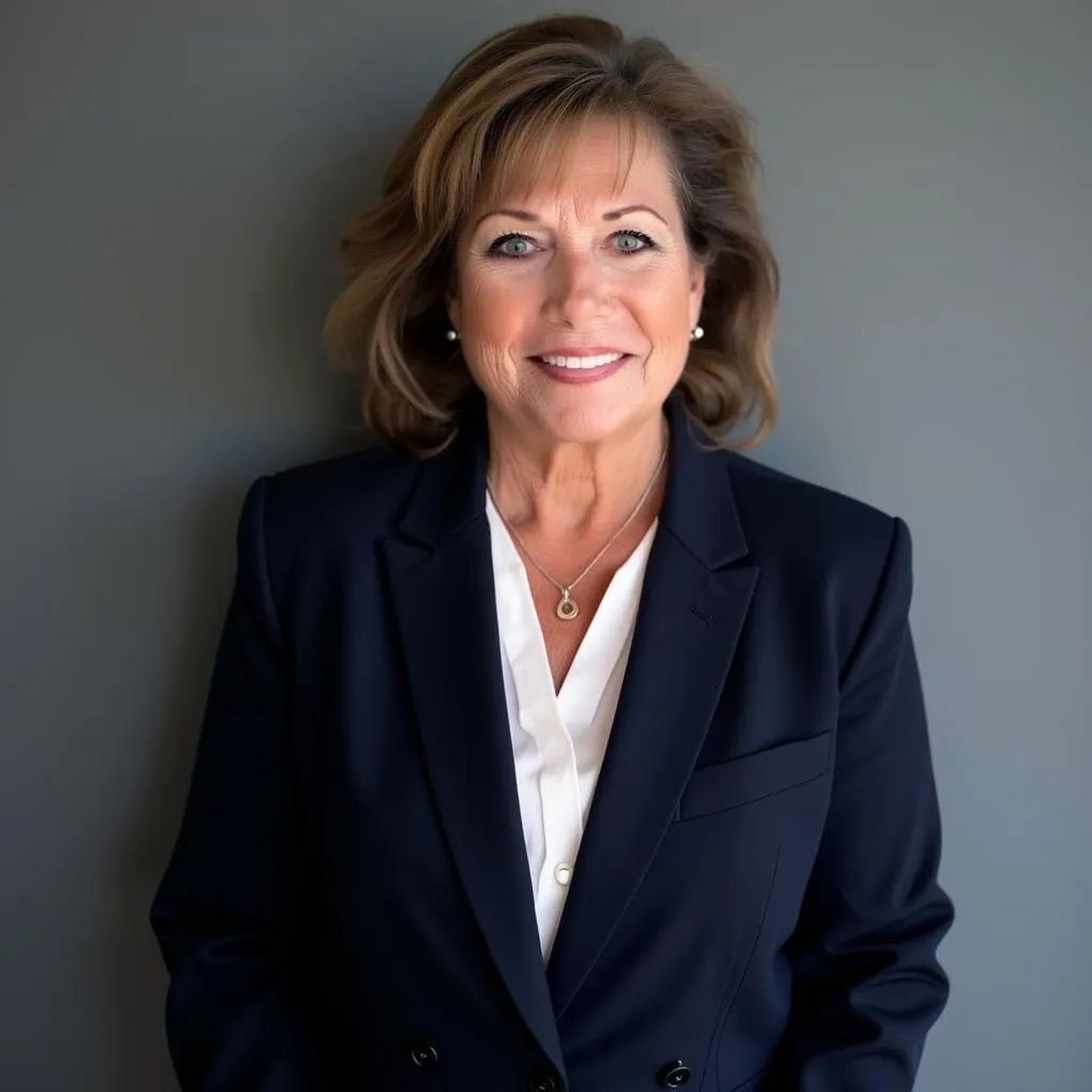 Professional woman in a navy blazer smiles confidently against a gray background.
